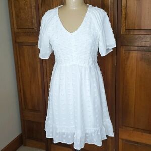 Zattcas Smocked Flutter Sleeve Ruffle Swiss Dot Dress Sz L